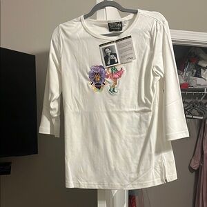 Bob Mackie White Floral Embroidered Tee